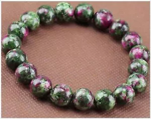 Natural 8mm Green Ruby In Zoisite Round Gemstone Stretchy Bracelet 7.5'' PB133 - Picture 1 of 6