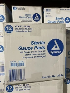 Dynarex Sterile Gauze Pads 4”x4” 12 Ply 1200 Ct Large Box Of 12 100ct Boxes - Picture 1 of 2