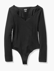 New Victorias Secret PINK Soft Cotton Long Sleeve Bodysuit Shirt Top Black Med