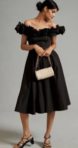 Maeve by Anthropology Ruffled-Neckline Pleated Midi Black Dress Sz M - Picture 1 of 4