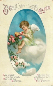 Easter Postcard Clapsaddle IAPC Angel Roses Embossed Vanderveer Station Cancel - Bild 1 von 2