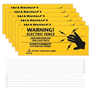 6 Pieces Electric Fence Warning Signs with 12 Pieces Zip Ties 10 X 4 Inch Yellow - Picture 1 of 12