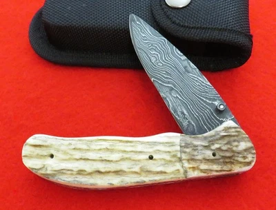 Steve Torok CUSTOM Knife Bozeman Elk Horn Damascus Folder Wyoming Made NR - Image 1 of 4