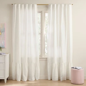 NEW Pottery Barn Kids Belgian Linen Ruffle Blackout Curtain Panel IVORY 52x84" - Picture 1 of 10