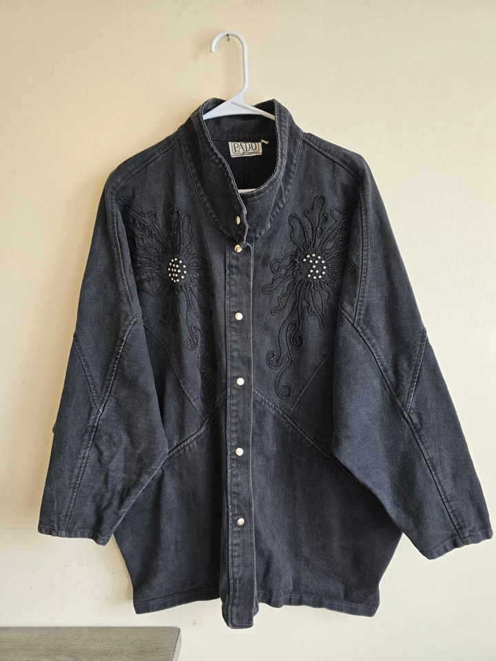 Abrigo Chaqueta De Colección Años 80 PADO Piedra Negro Dolman Sv Bordado Tachuelas Talla Grande Foto 1 de 4