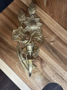 Vintage Kerzenhalter massiv Messing einarmig Wandhalterung Wandleuchter Blumen Design. 9 zoll - Bild 1 von 4