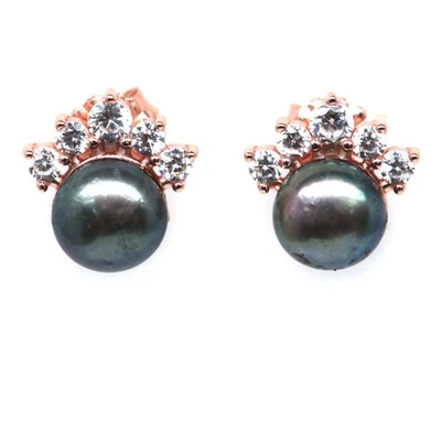 Prata esterlina 925 6 mm. Brincos de pérola magenta e zircão branco - Imagem 1 de 4