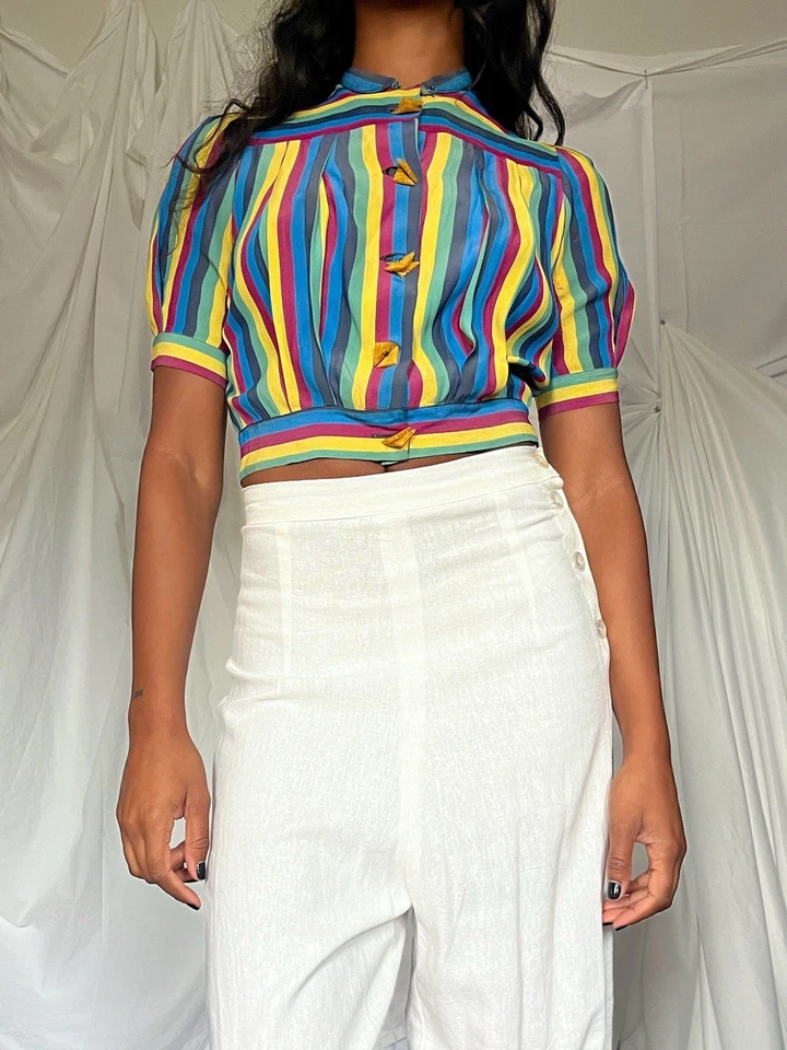 Blusa vintage años 30 rayas multicolores botones de plástico estilo Art Deco Top Foto 1 de 3