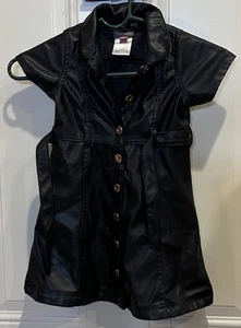 Vince Camuto Black Faux Leather Dress Short Sleeve Size 4 Button Front Tie Waist - Picture 1 of 17