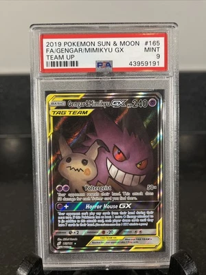 2019 POKEMON SUN & MOON TEAM UP #165 FULL ART/GENGAR & MIMIKYU GX PSA 9 - Image 1 of 4