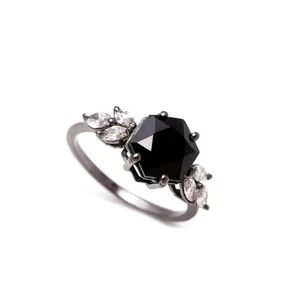 Natural Black Spinel Hexagon Ring 925 Sterling Silver Black Oxidized Jewelry - Picture 1 of 24
