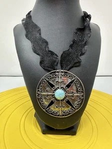 Sterling Silver Turquoise Cross Flower Pendant Black Titanium Mesh 34g 18 Inch - Picture 1 of 10