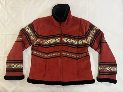Chaqueta forrada de gamuza roja pequeña Coldwater Creek Petite para mujer decorada Foto 1 de 4