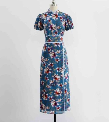 Custom Made To Order  Mock Neck Floral Chiffon Midi Party Dress plus 1x-10x Y678 - Image 1 of 2