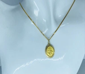 10K Solid Yellow Gold Saint Christopher Necklace, 25mm Pendant,1.75mm Curb Chain - Bild 1 von 6