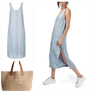 TOPSHOP - Relaxed Button Front Linen Maxi Summer Dress Blue **NEW RRP $119.95 - Picture 1 of 11