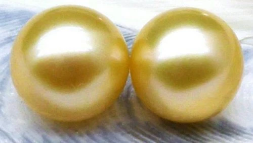 18K pure gold a pair of 10-9mm round natural  south seas gold pearl earrings - Image 1 of 3