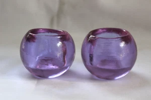 pair 2 Glow Bug Fire & Light Neodymium Art Glass Purple Lavender candle holders - Picture 1 of 9