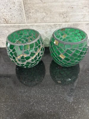 Mosaic Set Of 2 Green & Gold Candle Holders 4.5” H  - Image 1 of 4