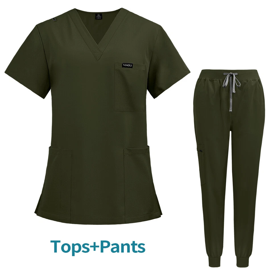  Nurse Medical Uniform Scrub Set Women V-Neck Top Jogger Pant Hospital Men - Image 1 of 4