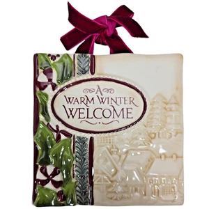 Grasslands Road A Warm Winter Welcome Ceramic Plaque Trivet Winter Decor Ribbon - Picture 1 of 11