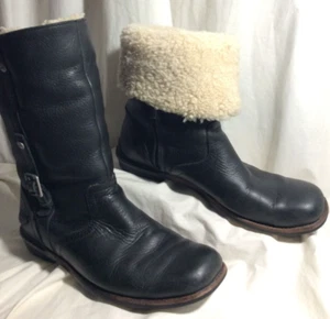 Botas de invierno UGG Bellevue 81/2 de cuero negro forradas de piel de oveja S/N5745 usadas en excelente estado - Imagen 1 de 12