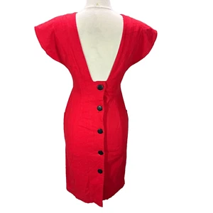 VTG Linen Dress Short Sleeve Red Barbie Core Low Back Shoulder Pads 11/12 M 80s - Picture 1 of 17