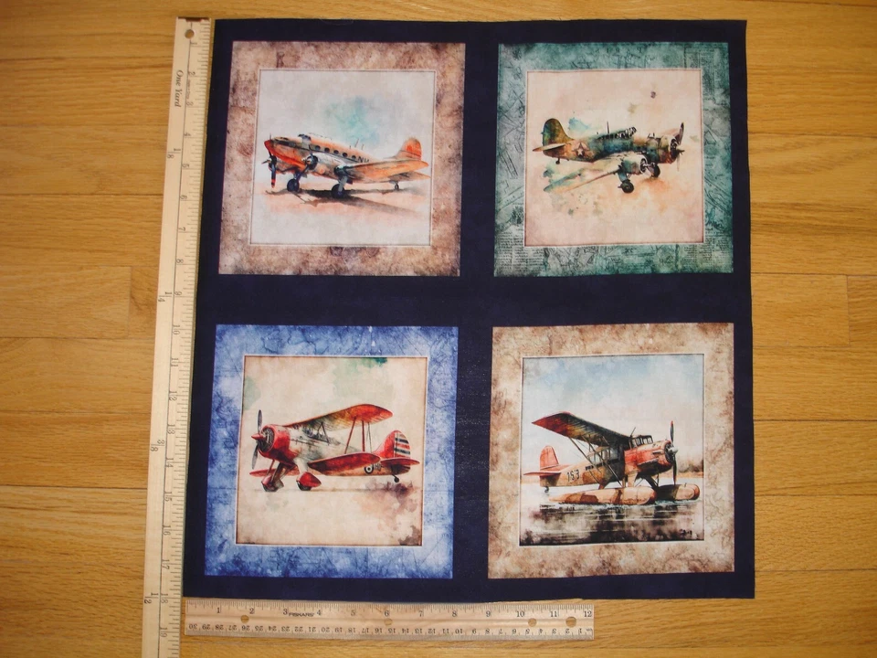 QUILTING TREASURES/DAN MORRIS Flying High Airplanes Dan Morris QT (A) Cotton Quilt Fabric Panel Blocks (4)