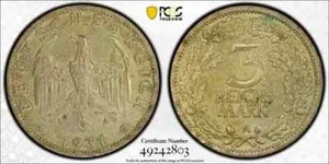 1931 a GERMANY - WEIMAR REPUBLIC Silver 3 MARK PCGS MS-62 8266 - Picture 1 of 1