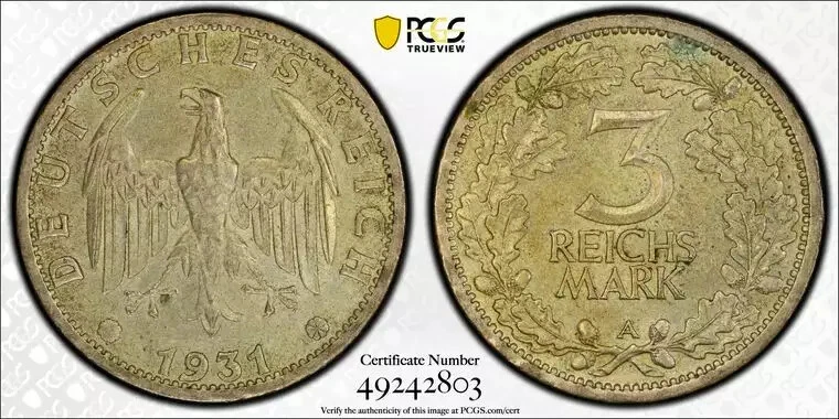 1931 a GERMANY - WEIMAR REPUBLIC Silver 3 MARK PCGS MS-62 8266 - Image 1 of 1