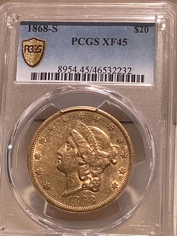 1868-S $20 gold double eagle Liberty PGGS XF 45 great eye appeal Cover