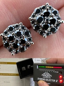 Real Black MOISSANITE Oxidized Rhodium 925 Silver Round Cluster Earrings Hip Hop - Picture 1 of 18