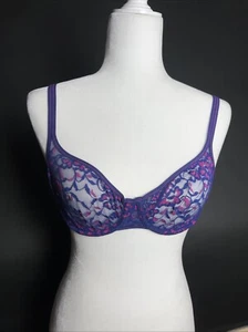 DKNY Signature Lace Unlined Demi Bra 451000 Purple/Pink  Print 32C - Picture 1 of 5