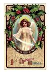 Early 1900's Christmas Postcard Angel in Cameo Holly Embossed