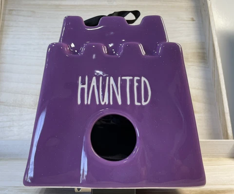 NEW Rae Dunn "Haunted" sand castle shaped birdhouse in purple w black ribbon bow Cover