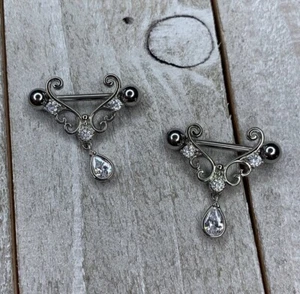 Clear gem dangle nipple barbells rings piercings new pair 14 gauge - Picture 1 of 1