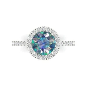1.8 cttw Halo Blue Moissanite Engagement Ring - 14K Solid Gold (White Gold) - Picture 1 of 11