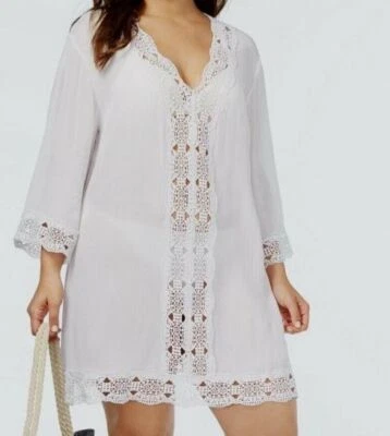 $104 LA Blanca Feminino Branco Decote V Enrugado Acabamento de Crochê Cobertura Plus Size 1X - Imagem 1 de 3