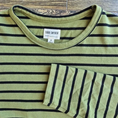 Camiseta TODD SNYDER Cuello Redondo Manga Larga 100% Algodón Verde Negro Rayas Para Hombre S Foto 1 de 4