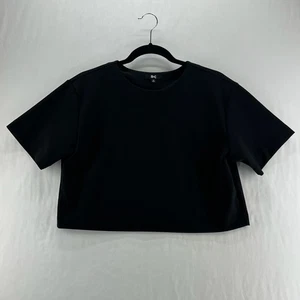 Uniqlo Crepe Jersey Short Sleeve T-Shirt Womens XS Pullover Crop Crewneck Black - Picture 1 of 11