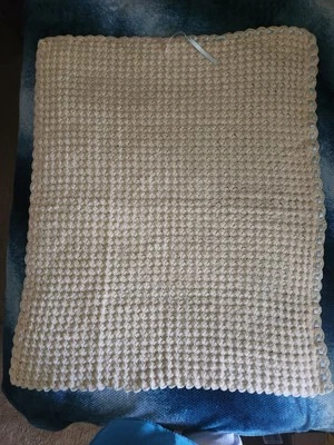 Crocheted Baby Blanket Handmade Ecru Beige 40x34 Pink and Blue Ribbon Trim Gift - Image 1 of 4