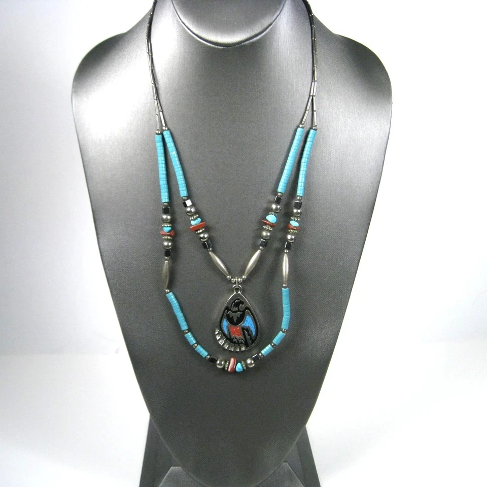 Юго-западное винтажное ожерелье кулон Thunderbird серебристый тон бусина богемное цыганское - Изображение 1 из 4