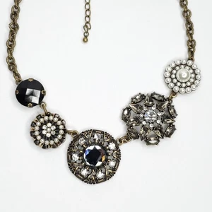 Lia Sophia Statement Bib Necklace & Pendant Black Smokey Gray Pearl Rhinestone - Picture 1 of 8