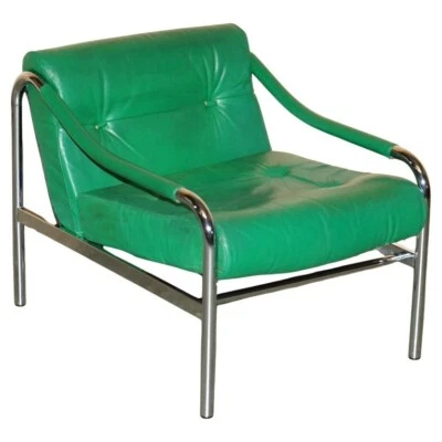 MUSEUM QUALITY MID CENTURY MODERN GREEN LEATHER TIM BATES BETA ARMCHAIR BY PIEFF - Image 1 of 4