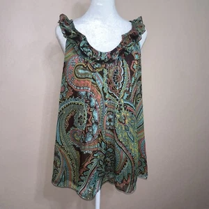 Milly of New York 100% Silk Paisley Boho Sleeveless Ruffled Scoop Neck Top Sz 8 - Picture 1 of 12