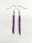 Purple Glass Seed Beaded Dangle Earrings Silver Tone Handmade Boho Simple Dainty