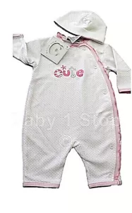 Baby Girls Babygrow Romper & Hat Set Cotton Outfit White & Pink Polka Dot 3-6M - Picture 1 of 5