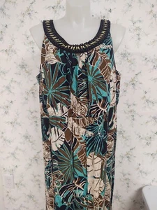 Maggie Barnes Size 28W Dress Blue Green Floral Sleeveless Beaded Collar NEW - Picture 1 of 18