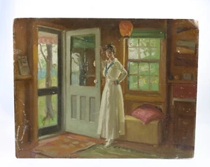 Pintura al óleo original de arte Norwood Hodge MacGilvary "Dama en la puerta" 14" x 11" - Imagen 1 de 11