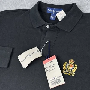 NWT Vntg Ralph Lauren Long Sleeve Mens Sz M Black Pique Polo Shirt Crest Patch - Picture 1 of 6
